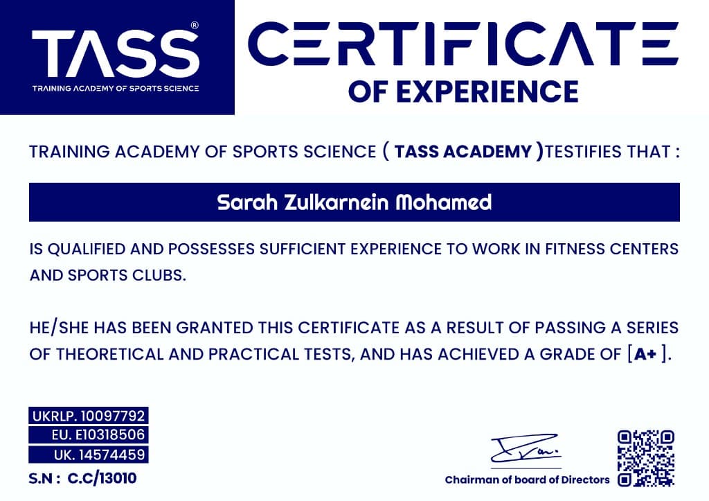 TASS Academy Certificate of Experience awarded to Sarah Zulkarnein Mohamed with a grade of A+